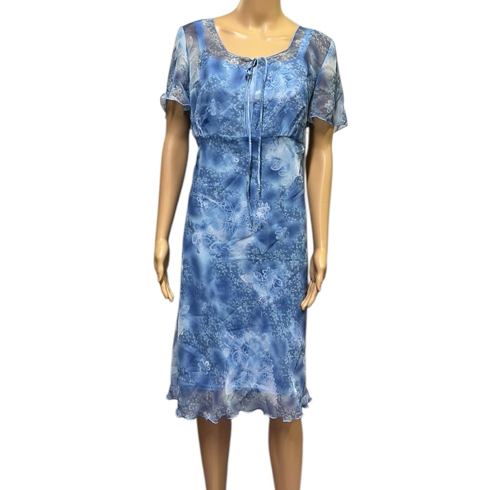 Expressions Blue Butterfly Print Empire Waist Short Sleeve Overlay Dress Sz 16W